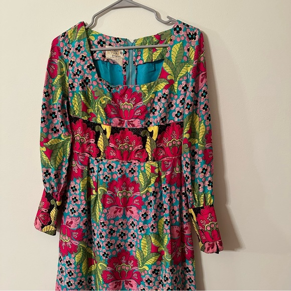 Vintage 60s 70s psychedelic silk mixed print embroidered maxi dress (binC) - Picture 5 of 16